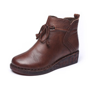 022平跟靴鞋带原创复古手工鞋，真皮坡跟短靴软牛皮单靴软底妈