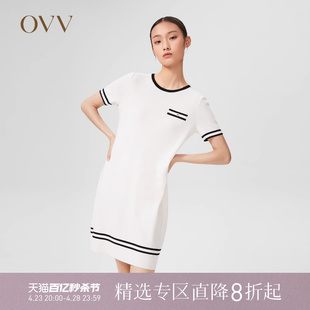 ovv春夏女装经典撞色真丝，羊毛时尚a字，短袖针织连衣裙