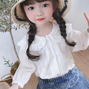 春秋女童装衬衫宝宝网红洋气，儿童个性潮韩版花边娃娃领长袖白衬衣(白衬衣)