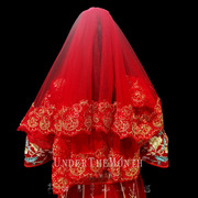 新娘结婚主婚纱头纱中式婚礼秀禾服红色头纱喜帕大红色头纱头饰