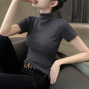 莫代尔高领短袖t恤女夏季女装黑色打底衫，针织体恤内搭上衣服