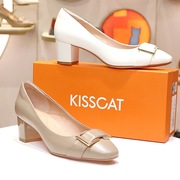 KISSCAT接吻猫2024春款粗跟圆头通勤羊皮浅口女鞋单鞋KA54111-13