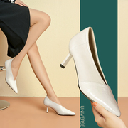 白色高跟鞋女春秋年细跟气质优雅约7Cm 软面尖头真皮单鞋