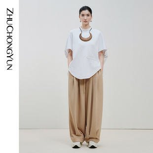 zhuchongyun24春白色宽松廓形时尚，t恤休闲设计感印花棉质上衣