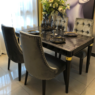 美式轻奢后现代大理石餐桌，实木餐桌椅组合长方形黑色，烤漆欧式饭桌