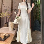 白月光(白月光)新中式，改良旗袍连衣裙女夏季大码收腰显瘦性感网纱拼接长裙