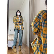 美式复古黄色格子衬衫男女同款春秋季2024新款设计感小众长袖衬衣