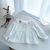 宽松女宝宝娃娃衫春秋白色长袖衬衫翻领刺绣婴儿打底衫甜美公主棉