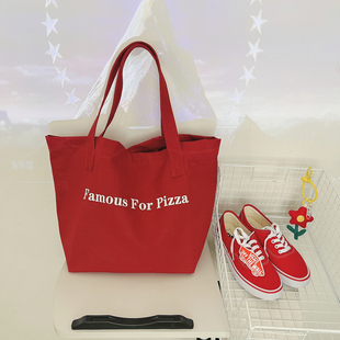 2024年红色字母帆布包Famous For Pizza同款oversize大容量包