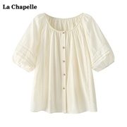 拉夏贝尔lachapelle圆领，泡泡袖衬衫女夏季韩版宽松娃娃衫上衣
