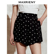 奥莱maxrieny夏季阔腿裤复古波点蕾丝花边，高腰短裤女收腰显瘦