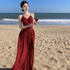 拍照显白红色沙滩性感露背系带收腰法式吊带连衣裙度假v领长裙夏
