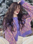 韩版彩色条纹针织开衫，女秋冬宽松短款百搭长袖毛衣外套上衣