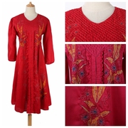 复古Vintage古着孤品连衣裙文艺范森系长袖裙子 红色异域贴布刺绣