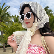 法式白色蕾丝披肩花朵丝巾女夏甜美绑发飘带拍照写真网红风包头巾
