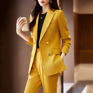 高端黄色西装套装，女春秋款2023珠宝，店工作服职业气质西服外套