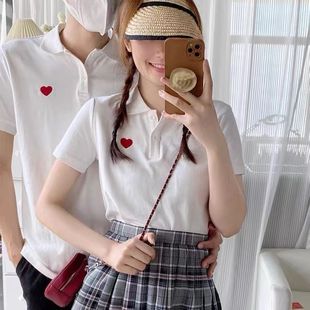 结婚证拍照登记情侣装夏装爱心刺绣Polo衫短袖白色纯棉t恤女