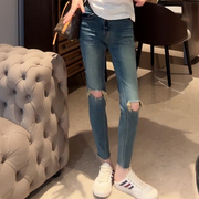 破洞牛仔裤女2025夏季薄款小个子梨形身材显瘦简约时尚百搭小脚裤