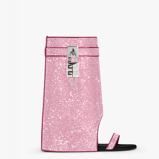 欧美外贸粉红色水钻露趾凉鞋裙边裤管靴鲨鱼金属扣件镶钻坡跟凉靴