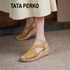tataperko联名女鞋，百搭坡跟渔夫鞋女真皮休闲松糕鞋，厚底增高凉鞋