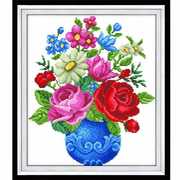 蒙娜丽莎精准印花蓝瓶玫瑰花，蓝色花瓶十字绣现代简约客厅卧室挂画