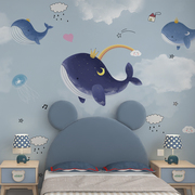 儿童房壁布男孩地中海风格壁画，海洋壁纸卧室，背景墙墙布鲸鱼墙纸
