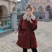 红色女装小个子派克棉服大衣2022冬季韩版中长版加绒宽松外套