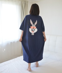 韩版加大码卡通兔兔睡裙女夏季短袖加长款，针织纯棉胖mm孕妇睡衣