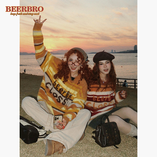 BeerBro 美式条纹套头毛衣女秋冬2023复古美拉德软糯慵懒风针织衫