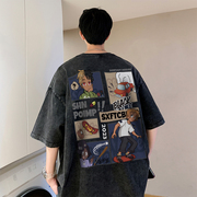 美式卡通短袖t恤男夏季高街潮牌高级感水洗做旧宽松重磅半袖衣服T
