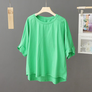 2024夏季轻薄透气绿色t恤女短袖圆领，休闲宽松纯色上衣体恤衫