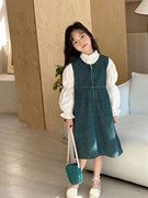女童春装连衣裙2024洋气儿童，韩版长袖牛仔背心裙连衣裙两件套