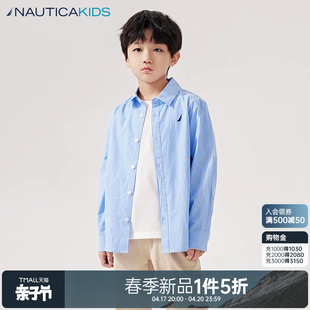 儿童美式复古nautica童装，男女童竖条纹，衬衫春秋季全棉外穿