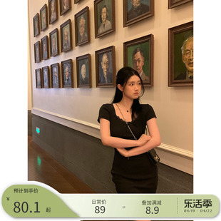 王少女的店黑色短袖蕾丝花边针织连衣裙2024春夏小个子显瘦短裙子