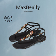 MaxReally 品牌真皮凉鞋女款2024大码女鞋凉鞋配裙子镶钻凉鞋