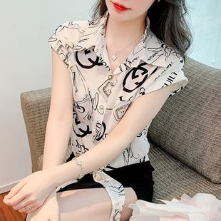 韩版通勤雪纺印花短袖衬衫，女夏季洋气时尚时髦高级感小衫上衣