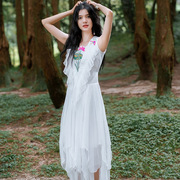 说梦缘民族风连衣裙无袖纯白色，刺绣夏季雪纺，仙女长裙中国风裙子