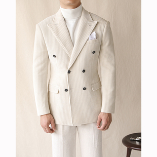 休闲灯芯绒西装男冬季戗驳领双排扣商务，单西那不勒斯垂感修身外套