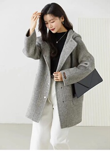 秋冬灰色连帽手工，双面羊绒大衣女高端加厚中长款毛呢外套