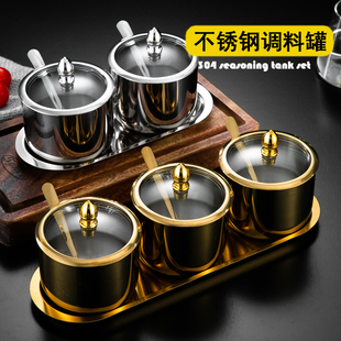 韩式304不锈钢调味瓶罐厨房，辣椒酱盐罐油罐，带勺调料盒创意金色罐
