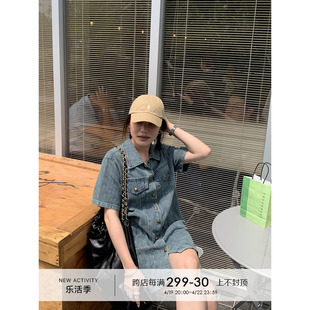 YANGLE_牛仔连衣裙女2024夏季薄款设计感休闲显瘦减龄短袖衬衫裙