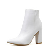 woman白色时尚white短靴boots时尚高跟鞋欧美粗跟女靴外贸尖头