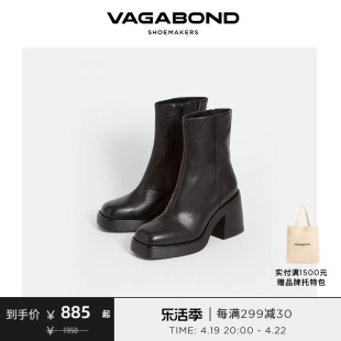 vagabondbrooke女士牛皮，方头高跟时装靴，厚底短筒靴秋冬黑色