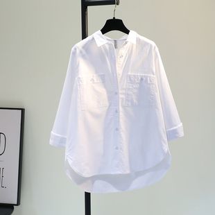 品牌折扣女装外单白色，纯棉衬衫韩版宽松休闲长袖上衣衬衣