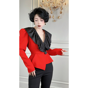 弗里达玫瑰高级定制小众，设计气质红色女收腰轻奢夏季短外套