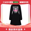 香港直邮KENZO 女士黑色棉质粉色虎头字母徽标刺绣长袖圆领连衣裙