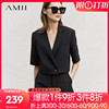 Amii2023夏季短款西装外套女炸街短袖休闲西服上衣黑色职业装