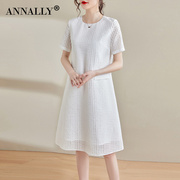 annally夏装优雅气质短袖，白色娃娃裙a字中长款宽松连衣裙