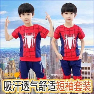 4岁男童夏天套装夏季短袖，t恤超人，纯棉透气半袖幼儿漫威蜘蛛侠上衣