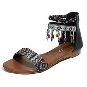 跨境亚马逊民族风罗马凉鞋，手工串珠后拉链，民族波西米亚平底鞋